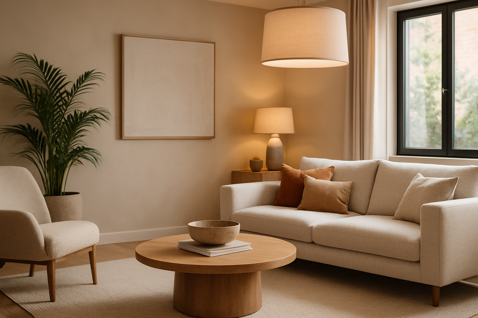 Soggiorno contemporaneo con palette neutra, accenti caldi e illuminazione stratificata