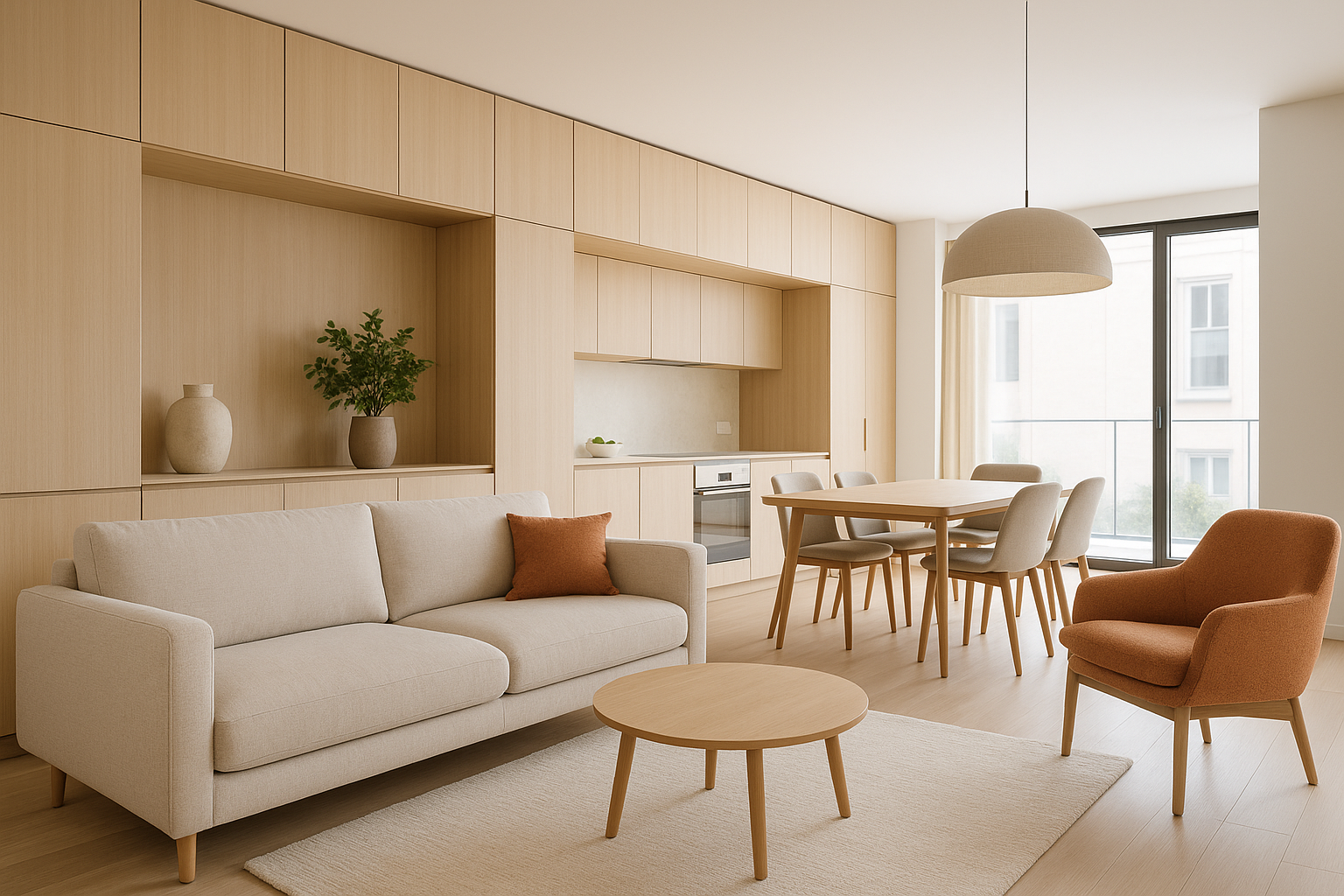 Open space moderno valorizzato con luce stratificata, materiali coerenti e soluzioni di contenimento