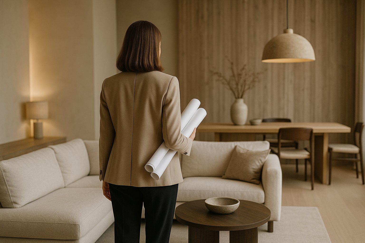 Ambiente interno elegante con palette neutra, materiali opachi e illuminazione stratificata
