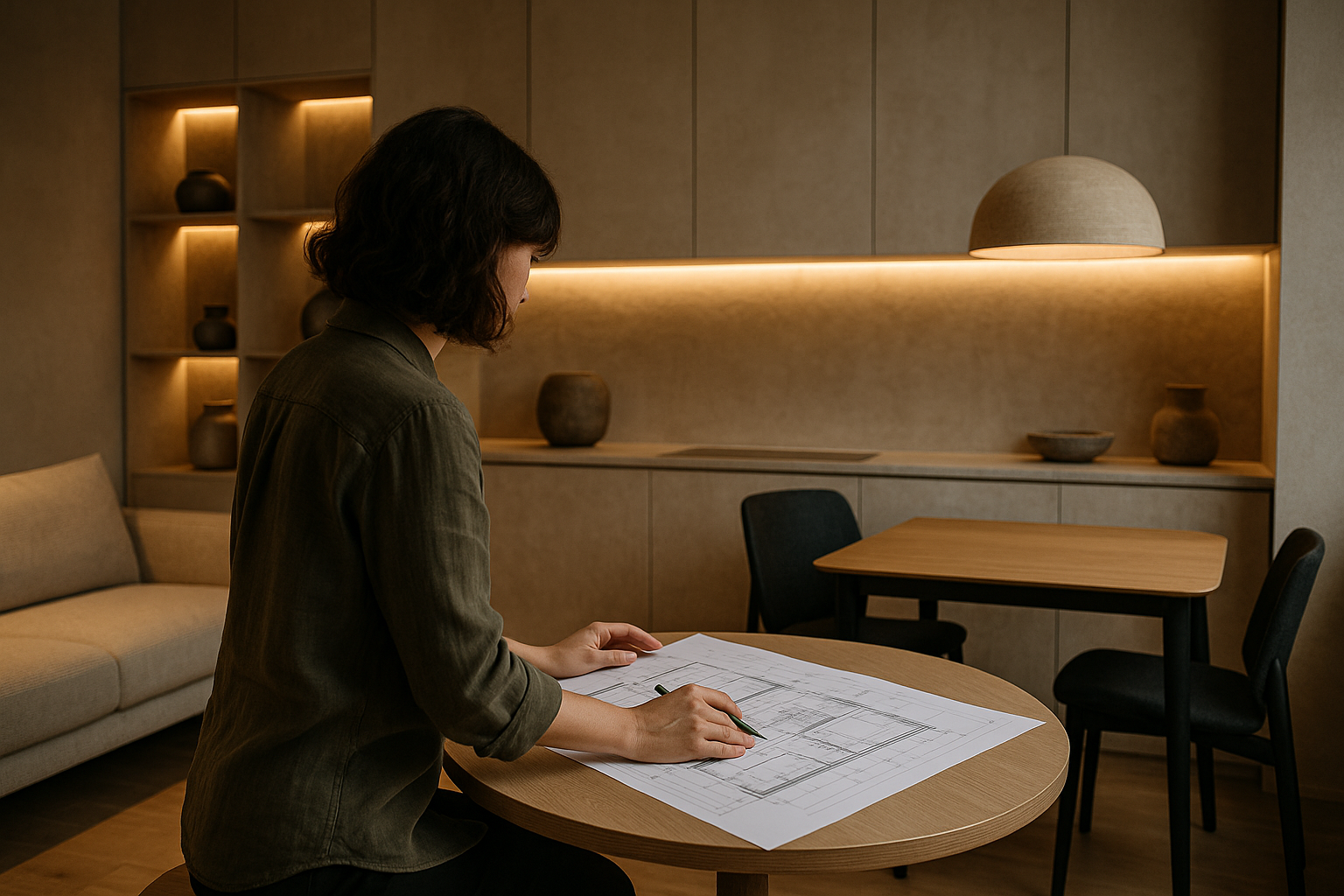 Interno contemporaneo con spazi ibridi, micro-architetture su misura e illuminazione stratificata