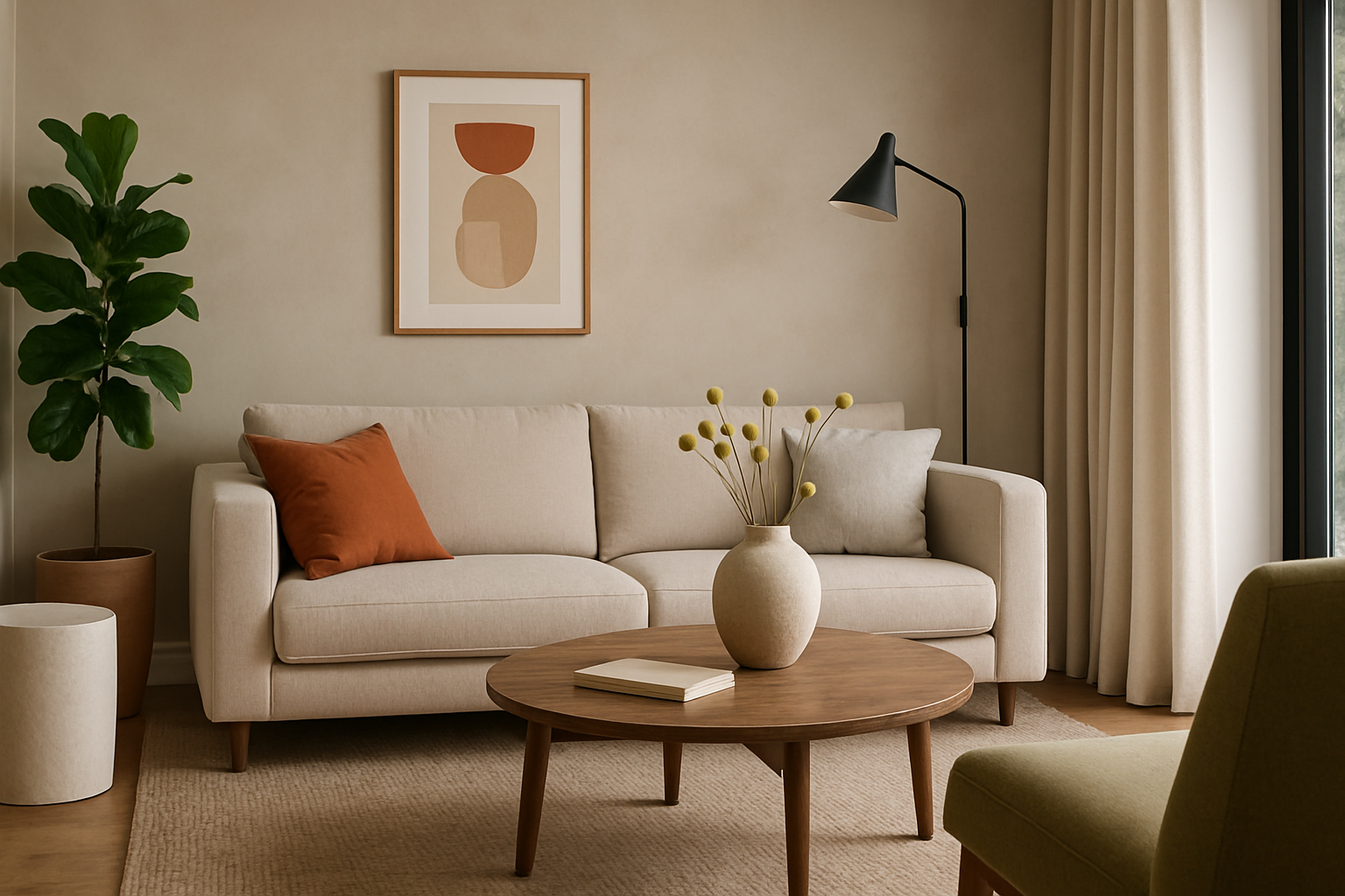 Soggiorno contemporaneo con illuminazione stratificata, palette neutra e dettagli materici per un design creativo e funzionale