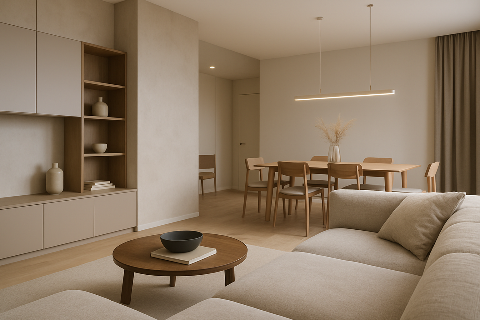 Zona giorno contemporanea con arredi modulari e illuminazione stratificata