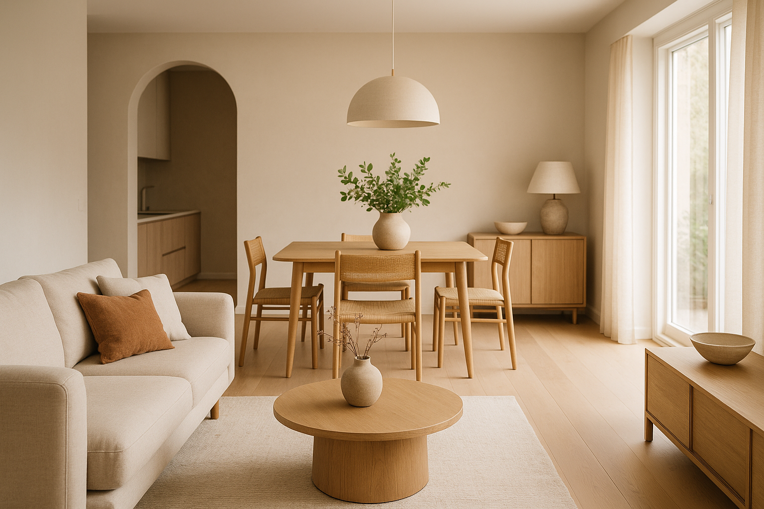 Soggiorno e zona pranzo contemporanei con palette calda neutra, luce stratificata e arredi proporzionati per un effetto armonico