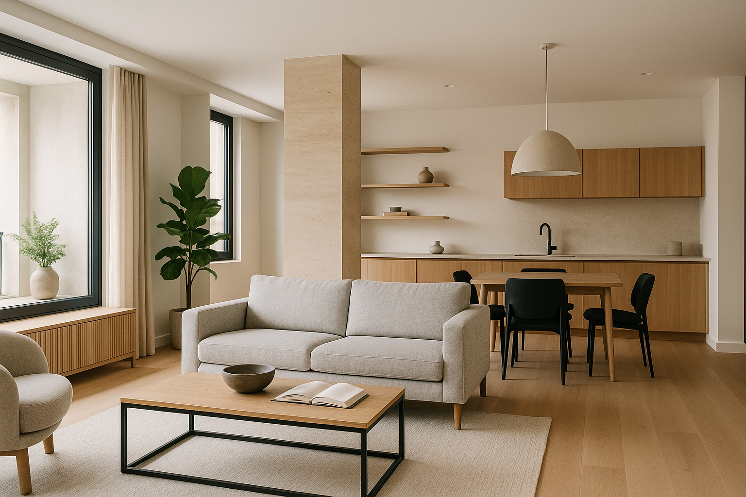 Zona giorno moderna con layout aperto, luce naturale e materiali coerenti