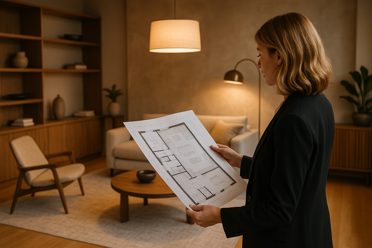 Zona giorno contemporanea con arredi modulari, palette calda e illuminazione stratificata