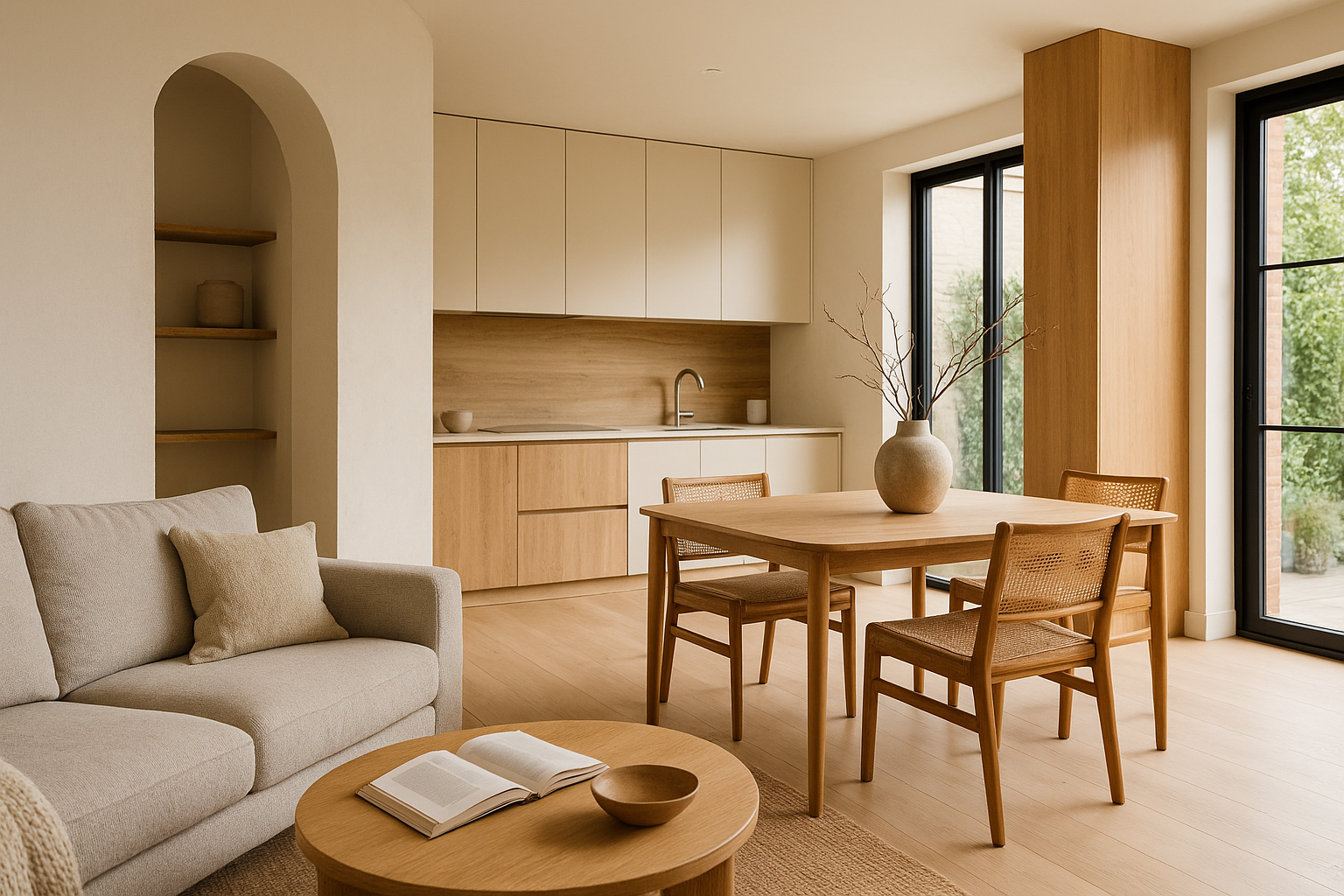 Spazio domestico contemporaneo con layout flessibile, luce naturale e materiali materici