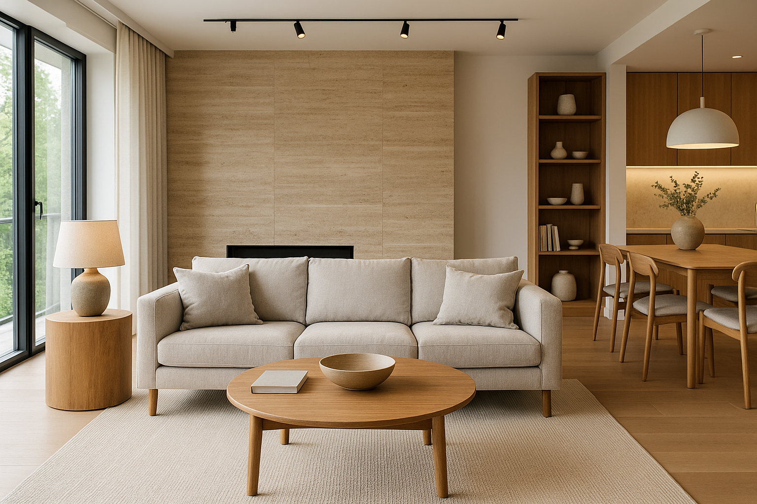 Ambiente living contemporaneo con zonizzazione, materiali naturali e illuminazione stratificata