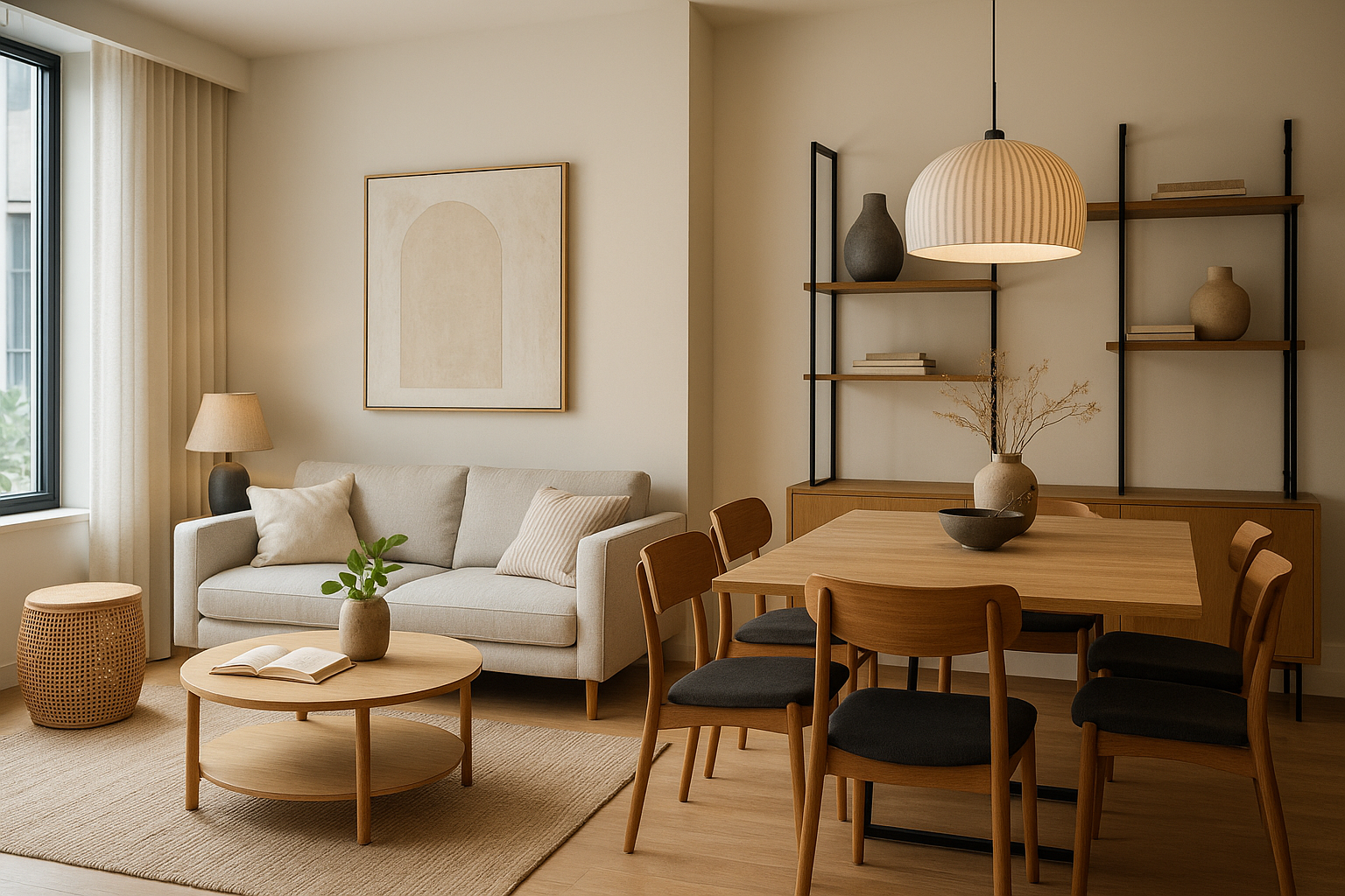 Zona giorno contemporanea con arredi multifunzione, palette neutra e illuminazione stratificata
